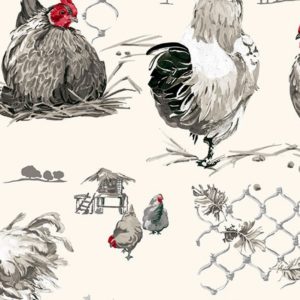 Fabric by the Yard Design Rooster and Hen White